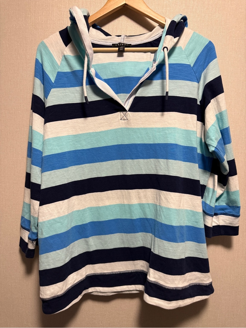 Tribal Blue Striped Hooded Pullover Top Women’s Large 3/4 Sleeve Casual Tunic